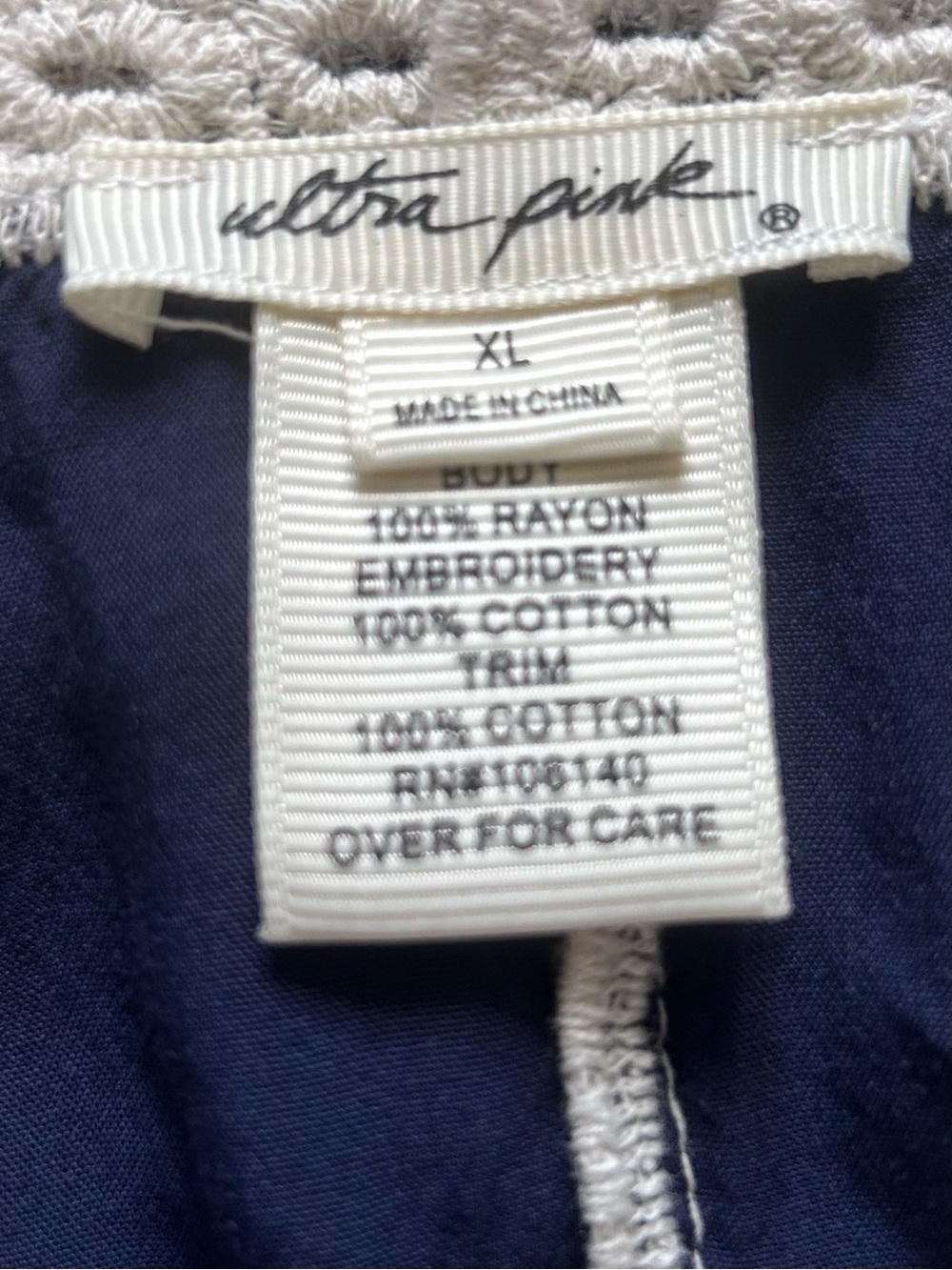 Navy Blue Tunic with Cream Crochet Lace Trim 100% Rayon Boho Size XL - Picture 7 of 9